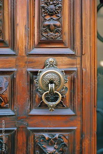 Close up of a wooden door handle, showcasing its intricate details. Ideal for interior design concepts or home improvement projects