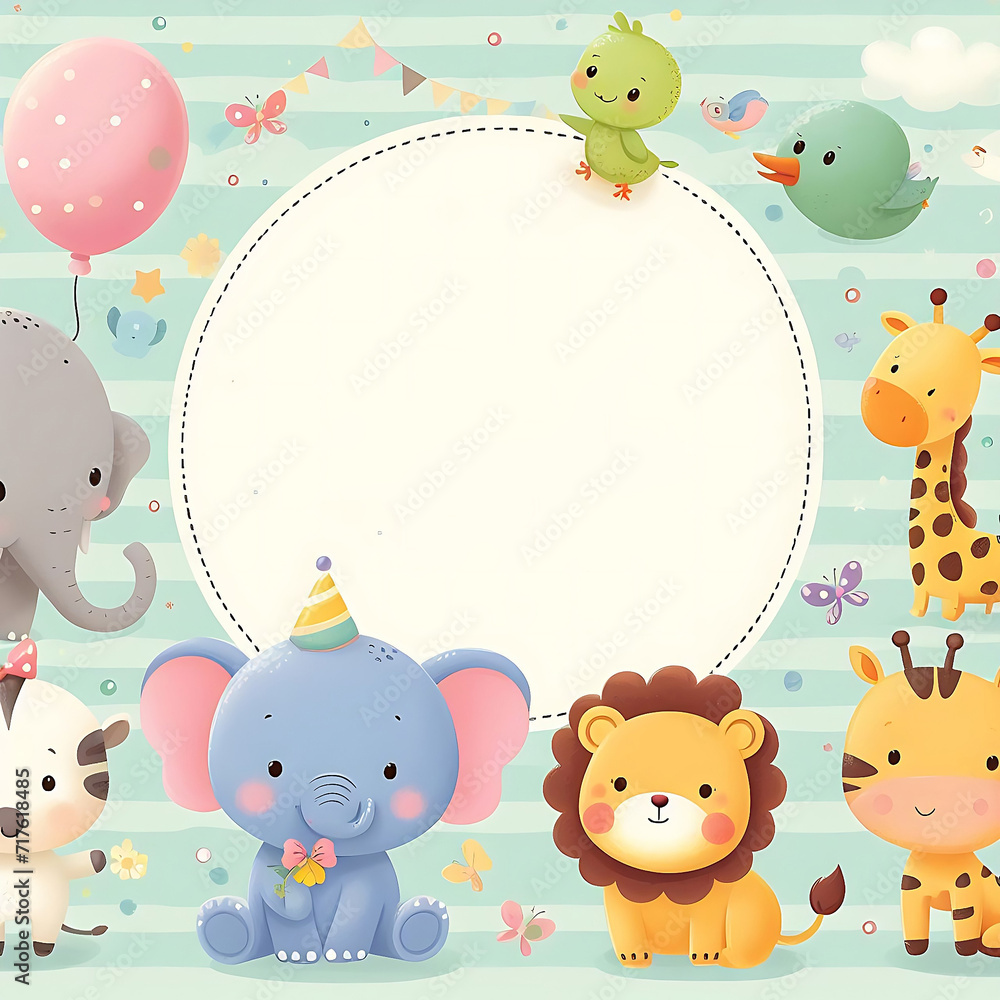 Cartoon Baby Animals in a Framed Illustration with balloon for a Child's Greeting Card
