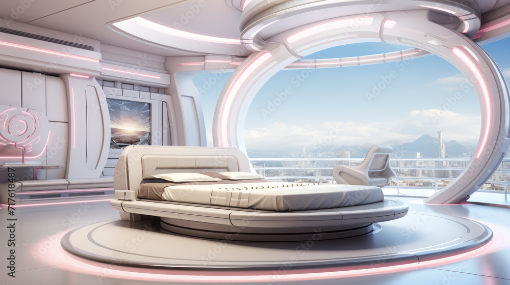 Futuristic very large Bedroom mainly in white colors with large rings for lighting and huge wide windows with view on a big city
