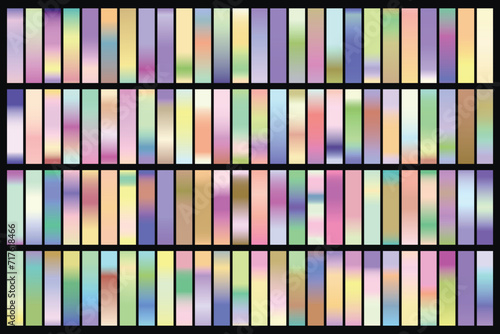 Metalic gradient collection with shiny rainbow hologram. Holographic foil texture, green, blue, yellow, pink gradation. Vector set for frame, ribbon, border, other design