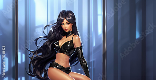 Wallpaper Mural Cartoon Sexy Woman with long wild Black Hair and Black Shiny short Clothes - AI generated Torontodigital.ca