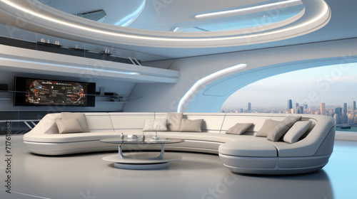 Futuristic large Living room in refined style mainly in light grey color with large rings for lighting and a wide view on a big city