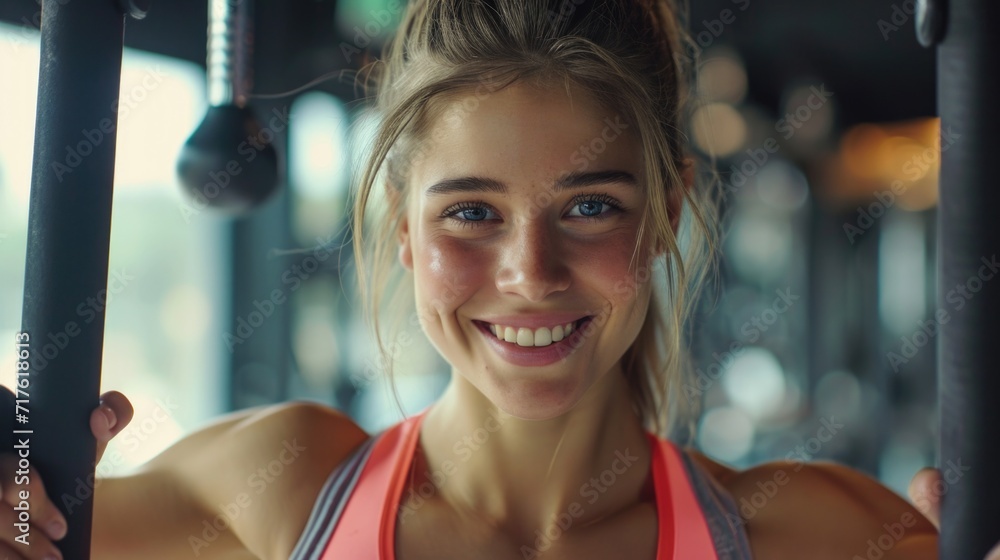 A beautiful young woman holding onto a bar in a gym. Perfect for fitness and exercise related content A beautiful young woman holding onto a bar in a gym. Perfect for fitness and exercise related content