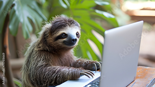 Concept of a lazy worker in the form of a cute sloth animal at the computer photo