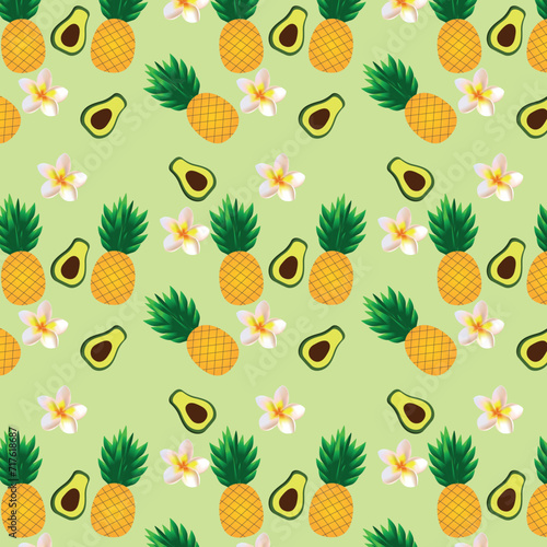 Tropical seamless pattern with pineapples, avacados and exotic hidiscus flowers. Fruit design on a light green background. Vector illustration.