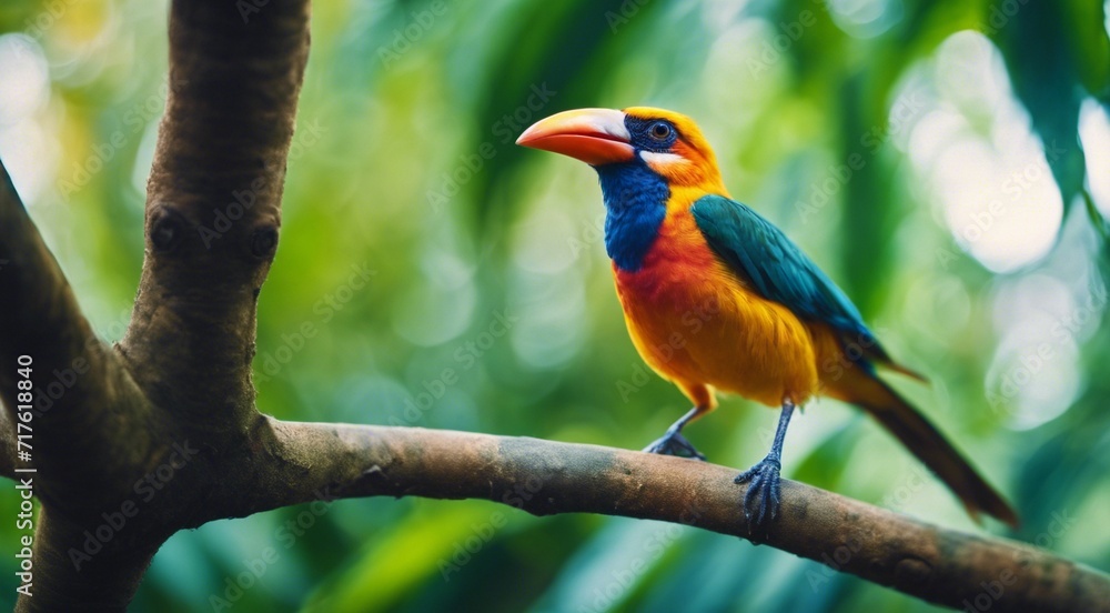 Fototapeta premium colored beautiful bird sitting on the tree in the jungle, colored wild bird, colored wild bird sitting on the branch of tree in jungle
