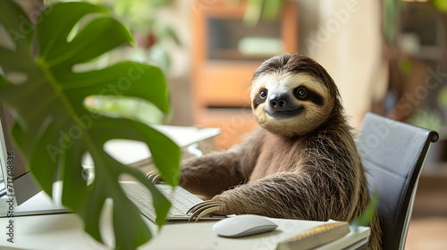 Cute sloth at the computer working slowly in the office photo