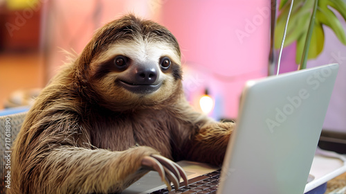 Cute sloth working slowly at the computer photo