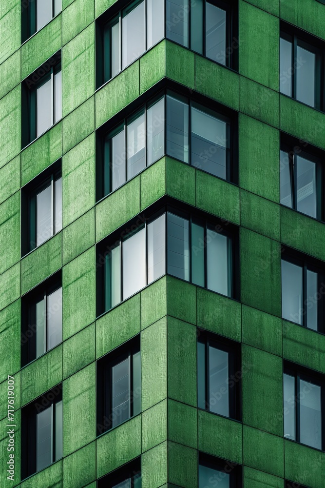 A picture of a tall green building with numerous windows. This image can be used to depict modern architecture or urban landscapes A picture of a tall green building with numerous windows. This image can be used to depict modern architecture or urban landscapes