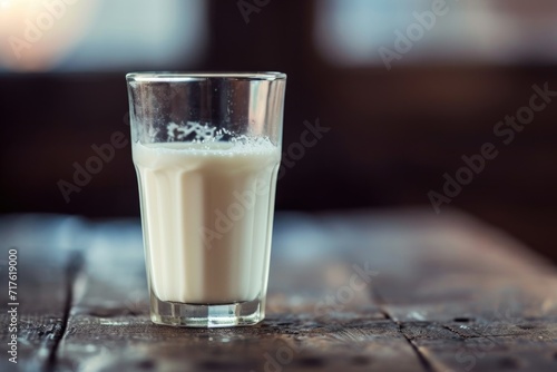 A glass of milk placed on a sturdy wooden table. Perfect for illustrating a healthy lifestyle or showcasing the simplicity of everyday objects