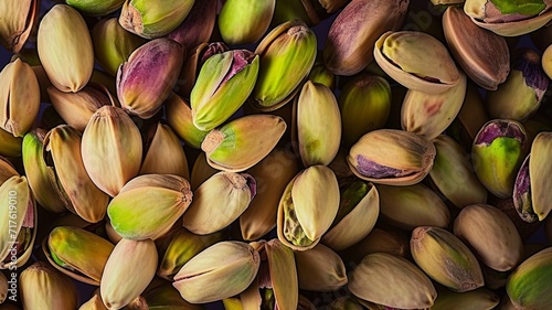 Background with pistachios nuts. Top view of nuts