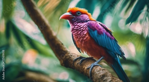 colored beautiful bird sitting on the tree in the jungle, colored wild bird, colored wild bird sitting on the branch of tree in jungle