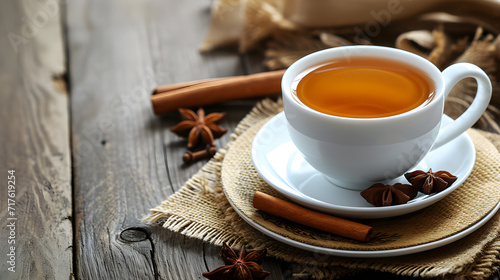 A cup of aromatic black tea with cinnamon on a wooden background