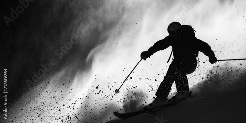 A man riding skis down the side of a snow covered slope. Perfect for winter sports and outdoor adventure themes