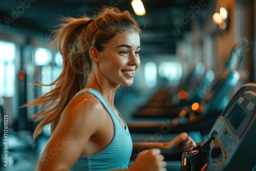 A woman is seen running on a treadmill in a gym. This image can be used to depict fitness, exercise, and healthy lifestyle concepts