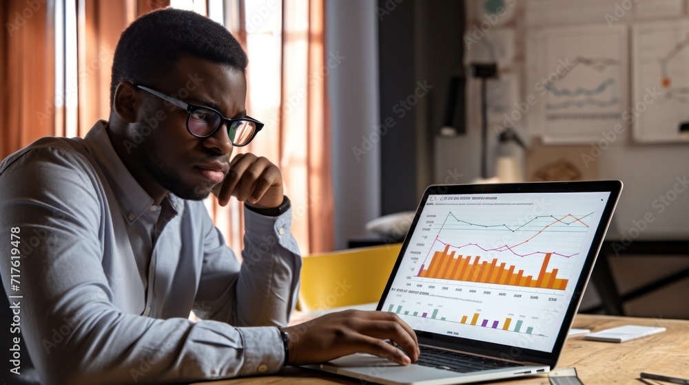 a young entrepreneur frowning at a laptop screen, showing graphs of rising costs and inflation. The background is a modern home office a young entrepreneur frowning at a laptop screen, showing graphs of rising costs and inflation. The background is a modern home office