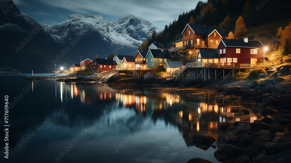 Fototapeta premium Landscape of A small Norwegian fishing town in the mountains, night lighting for houses and town street, surface of a sea
