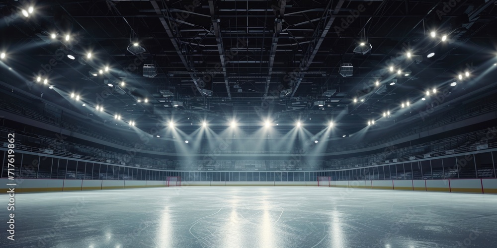 Obraz premium An empty hockey rink with lights shining on the ice. Perfect for sports-related designs or illustrating the anticipation of a game
