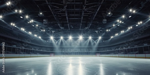 An empty hockey rink with lights shining on the ice. Perfect for sports-related designs or illustrating the anticipation of a game