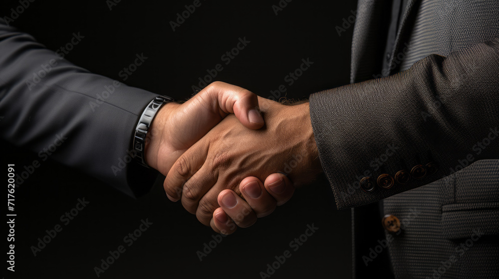 Close-up of a business Handshake between a mature hand with grey sleeve and a white mature hand with black sleeve on a dark background - obrazy, fototapety, plakaty 