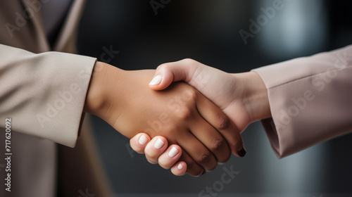Close-up of a women Handshake between a young tanned hand with beige sleeve and a young white hand with salmon sleeve on a blurry background