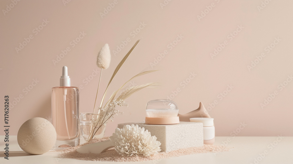 Light Peach and beige color scene with some beauty products and bottles without brand and few thin clear branchs
