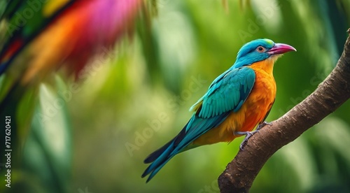 colored beautiful bird sitting on the tree in the jungle, colored wild bird, colored wild bird sitting on the branch of tree in jungle