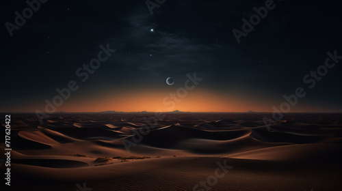 Wide Brown Dunes landscape of an unknown world with a dark blue sky with stars and a cold moon above the horizon