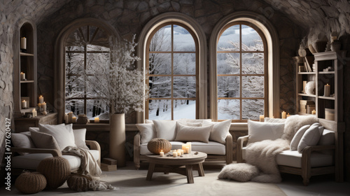 White Living Room in sophisticated country-style with Sofas and many cushions in front of large windows with few white Christmas decorations and many candles © ShkYo30