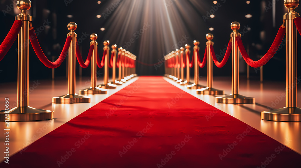 Red carpet staircase with smoke and spotlights, holiday awards ceremony event Red carpet staircase with smoke and spotlights, holiday awards ceremony event