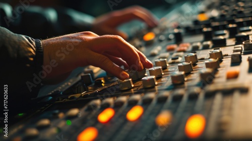 A detailed close-up of a person's hand operating a sound board. Perfect for showcasing audio production or live sound engineering.