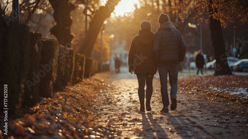 Two people walking down a sidewalk at sunset. Perfect for lifestyle and urban themes