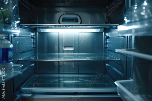 An image of an open refrigerator with a lot of water inside. This picture can be used to depict hydration, healthy lifestyle, or even environmental awareness