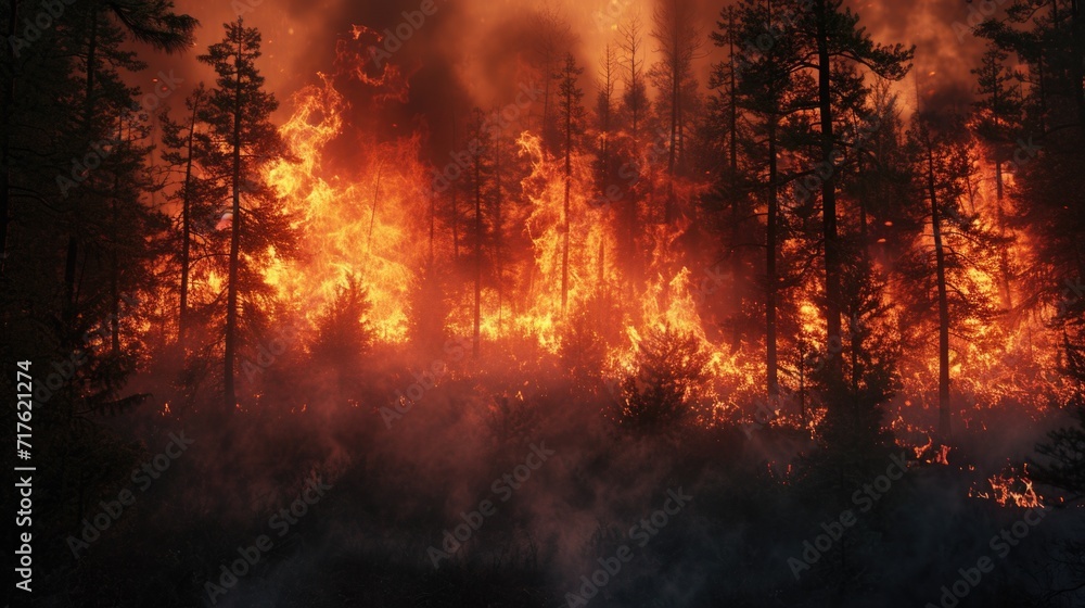 A powerful and intense fire spreading rapidly through a dense forest. Ideal for illustrating the destructive force of wildfires and the need for fire safety measures