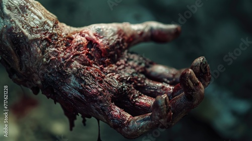 A close-up view of a hand covered in blood. This image can be used to depict crime scenes, horror themes, or medical emergencies