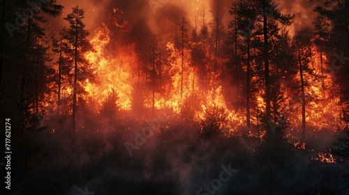 A powerful and intense fire spreading rapidly through a dense forest. Ideal for illustrating the destructive force of wildfires and the need for fire safety measures