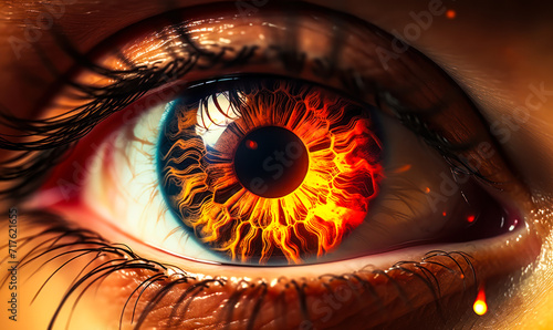 Close-up of a human eye with a fiery, burning iris symbolizing intensity, passion, or a powerful vision photo