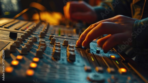 Close-up view of a person's hands operating a sound mixer. Suitable for audio engineering and music production concepts