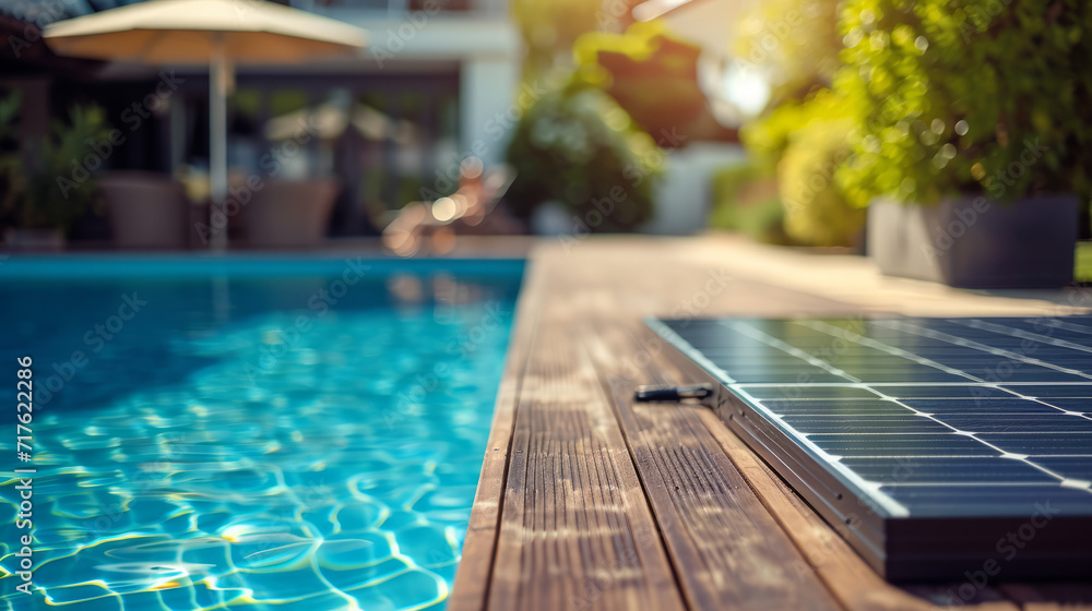 Obraz premium Modern solar powered swimming pool pump with visible solar panels and wooden deck , people in blurry backdrop
