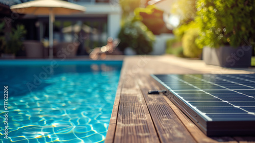 Modern solar powered swimming pool pump with visible solar panels and wooden deck , people in blurry backdrop photo