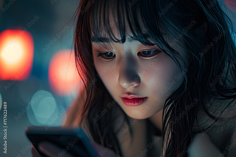 Close-up portrait of a young Japanese Asian woman immersed in the use of a smartphone, focusing on her expression and the interaction with the phone Close-up portrait of a young Japanese Asian woman immersed in the use of a smartphone, focusing on her expression and the interaction with the phone