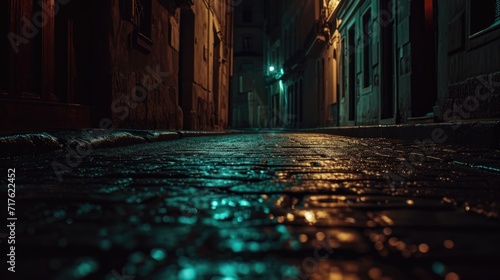 A wet street illuminated by a street light. Suitable for various urban and nighttime themes
