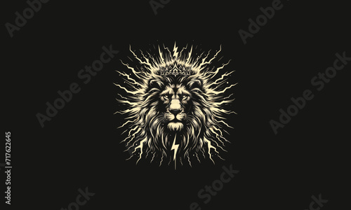 head lion wearing crown with lightning vector design