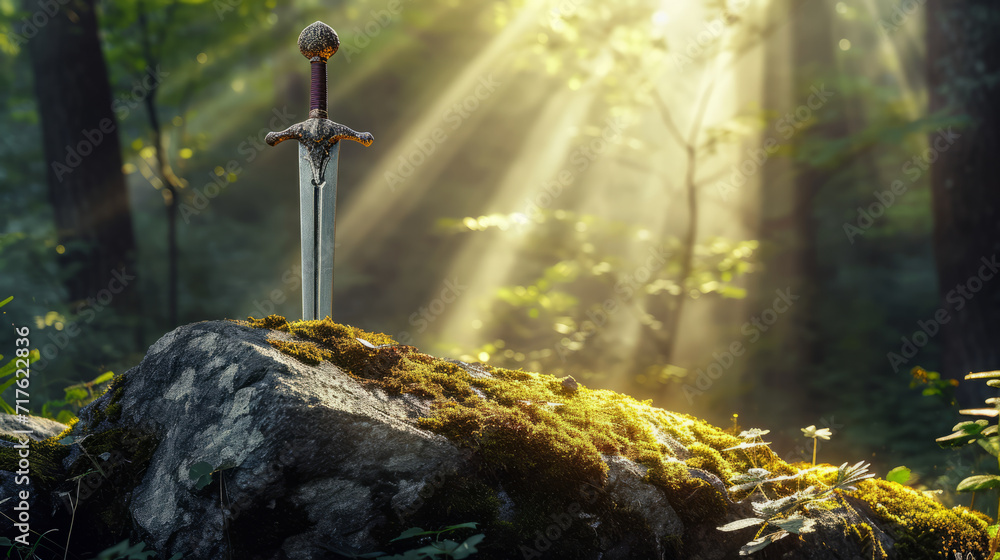 Fototapeta premium Sword stuck in a rock like in the Excalibur legend , the mythical sword of king Arthur