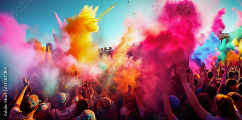 Holi party celebration, explosion of color, cloud of colors and people. Generated Artifiacil Intelligence