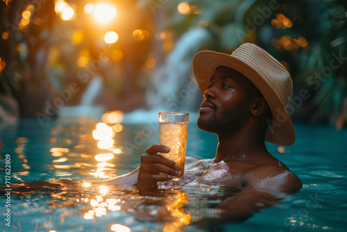 Young black afro american man hotel guest sipping a cocktail in the outdoor hotel swimming pool during summer holidays photo