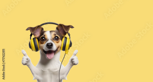 Dog listens to music on headphones, raised its paws thumbs up on a yellow background.