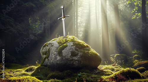 Sword stuck in a rock like in the Excalibur legend , the mythical sword of king Arthur photo