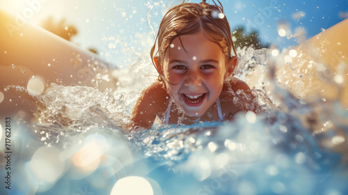 Happy young girl kid sliding down a water slide during summer holidays having fun doing outdoor activities photo
