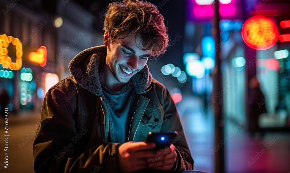 Young man enjoying his smartphone at night, illuminated by the warm glow of city lights, reflecting joy and modern urban connectivity